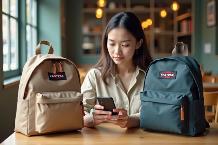 Jeune femme comparant deux sacs à dos Eastpak dans un café pour identifier le faux du vrai