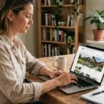 Femme comparant des sites de location de vacances sur un ordinateur portable depuis chez elle