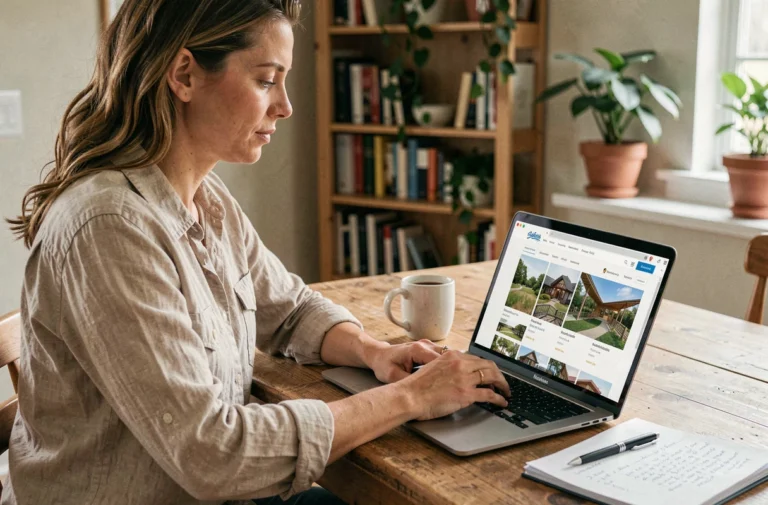 Femme comparant des sites de location de vacances sur un ordinateur portable depuis chez elle
