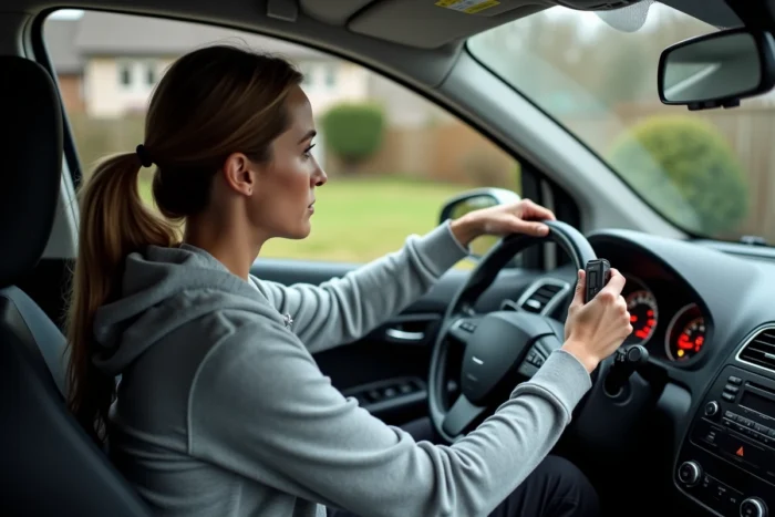 Conductrice utilisant un scanner OBD2 pour vérifier les voyants du tableau de bord après changement de batterie