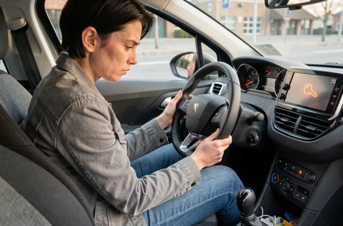 Conductrice perplexe face au voyant clé orange allumé sur le tableau de bord d'une Peugeot 208