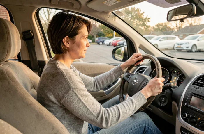 Conductrice assise dans une Opel Meriva observant les voyants allumés sur le tableau de bord pour comprendre leur signification