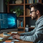 Homme configurant un logiciel de partage de fichiers eMule sur un ordinateur de bureau à domicile