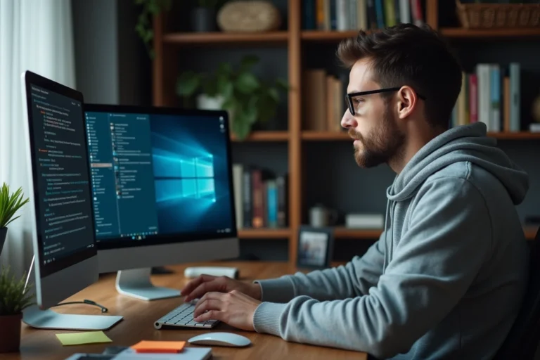 Homme configurant un logiciel de partage de fichiers eMule sur un ordinateur de bureau à domicile