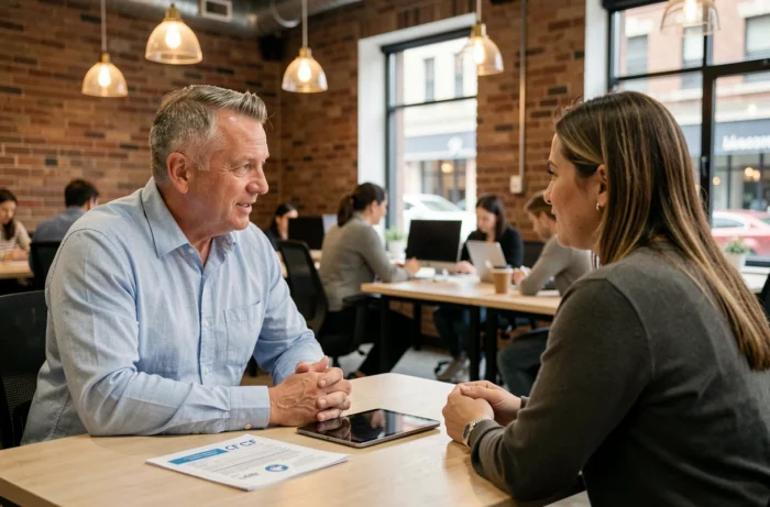 Homme discutant d'une formation CPF avec un conseiller dans un espace de coworking, iPad et documents sur la table