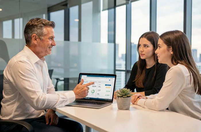 Conseiller immobilier présentant une simulation de financement à un couple lors d'un rendez-vous conseil