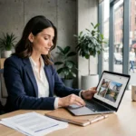 Conseillère immobilière d'une néo agence travaillant sur tablette et ordinateur dans un bureau moderne et minimaliste