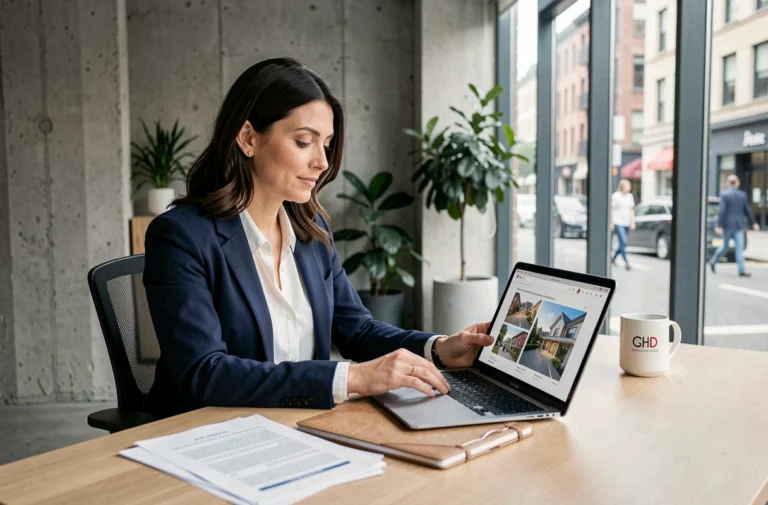 Conseillère immobilière d'une néo agence travaillant sur tablette et ordinateur dans un bureau moderne et minimaliste