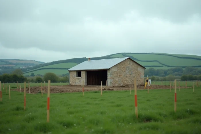 Construction d'un bâtiment agricole avec bornage et équipements de géomètre en zone rurale