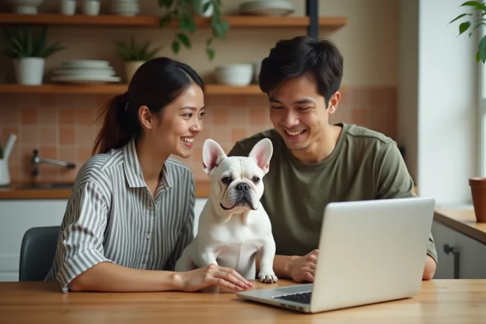 Couple choisissant une mutuelle pour leur bouledogue français sur un comparateur en ligne depuis leur cuisine