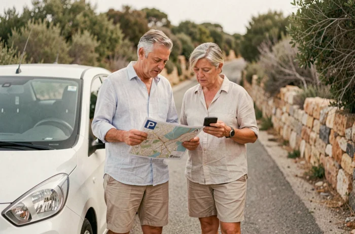 Couple consultant une carte de parking sur smartphone au bord d'une route côtière près de La Pelosa en Sardaigne