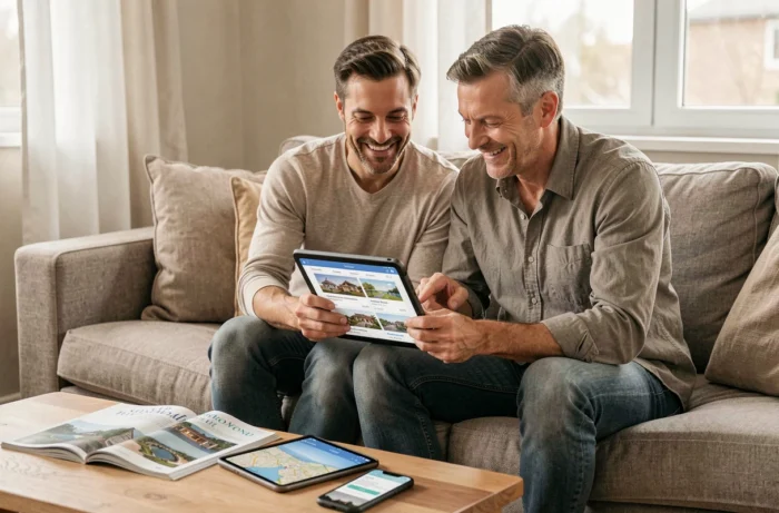 Couple choisissant une location de vacances ensemble sur une tablette dans leur salon