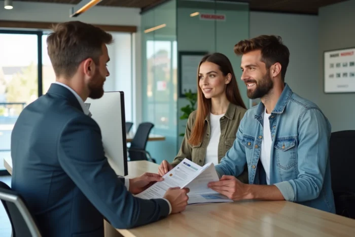 Couple discutant avec un conseiller en agence d'assurance automobile MAE autour d'un contrat