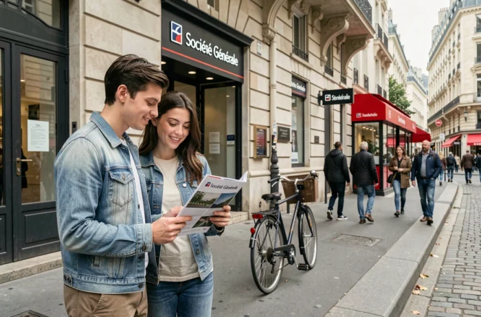 Un jeune couple découvrant les offres bancaires pour les particuliers devant une agence Société Générale à Paris
