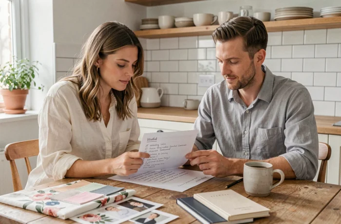 Couple en train de planifier un mariage intime à domicile avec liste de tâches, échantillons de tissu et inspirations florales sur une table en bois