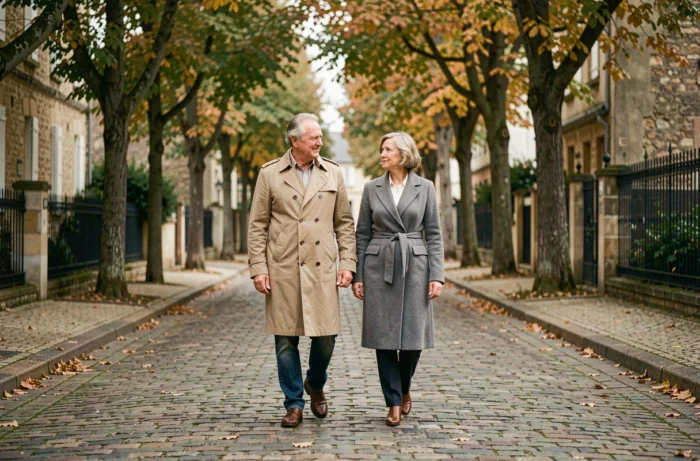Couple mature marchant discrètement dans une rue pavée d'une ville de province française entourée de feuilles d'automne