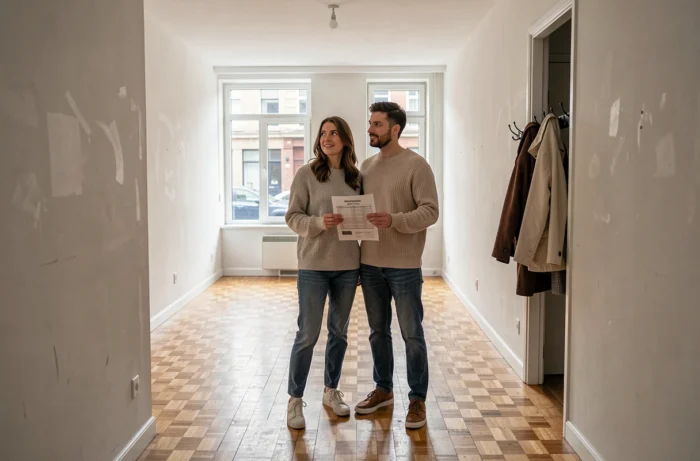 Couple visitant un appartement vide lors d'une recherche de location immobilière