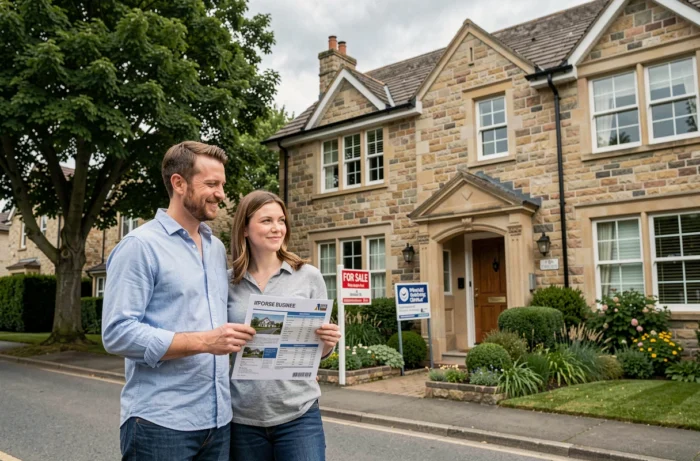Couple visitant une maison à vendre dans un quartier résidentiel pour leur projet immobilier