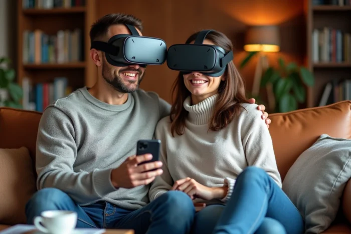 Couple explorant une visite virtuelle immobilière 360 depuis leur salon avec des casques VR et un smartphone