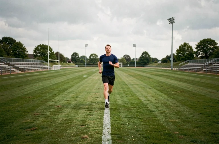Coureur faisant des tours de terrain de football pour mesurer la distance en kilomètres