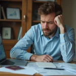 Homme stressé assis devant des documents bancaires impayés avec un passeport sur son bureau, illustrant les risques d'un crédit impayé avant un départ à l'étranger