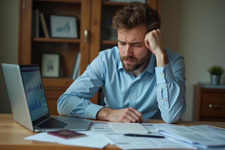 Homme stressé assis devant des documents bancaires impayés avec un passeport sur son bureau, illustrant les risques d'un crédit impayé avant un départ à l'étranger