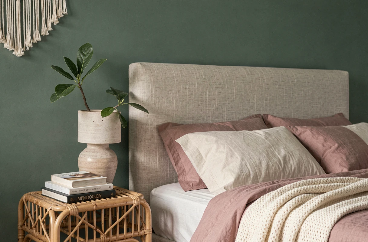 Coin chambre décoré avec une tête de lit en lin, une table de nuit en rotin et un mur vert sauge