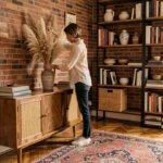 Femme arrangeant des fleurs séchées dans un salon chaleureux avec des murs en briques et un parquet en chêne