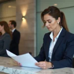 Femme vérifiant des documents administratifs au guichet d'une ambassade française en Serbie