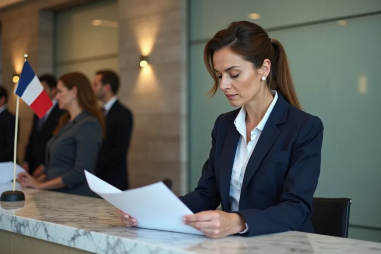 Femme vérifiant des documents administratifs au guichet d'une ambassade française en Serbie