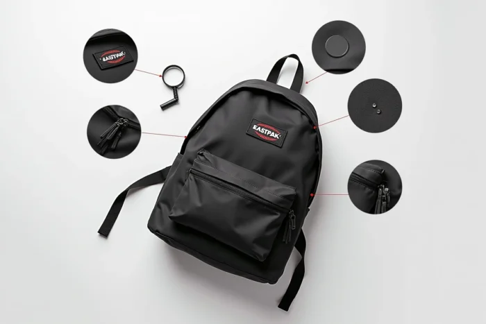 Vue à plat d'un sac Eastpak authentique avec détails du label intérieur et des rivets pour guide anti-contrefaçon
