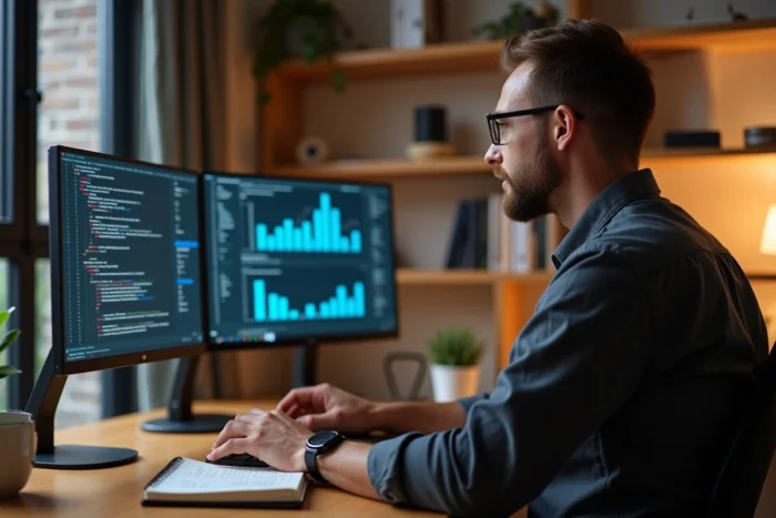 Développeur travaillant sur une infrastructure cloud et des outils numériques depuis son bureau à domicile