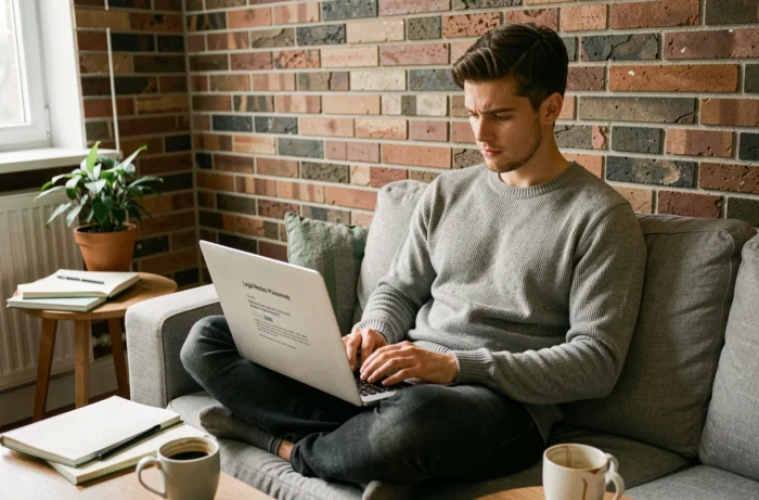 Développeur web belge travaillant sur les obligations légales d'un site internet depuis son bureau à domicile avec un ordinateur portable