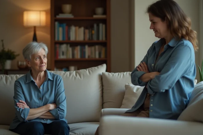 Mère et fille adulte en conversation difficile dans un salon, illustrant la tension émotionnelle et les reproches intergénérationnels liés à la culpabilité maternelle