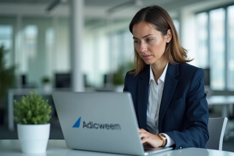 Employée Air France accédant à l'espace intranet IPN sur son ordinateur portable dans un bureau moderne