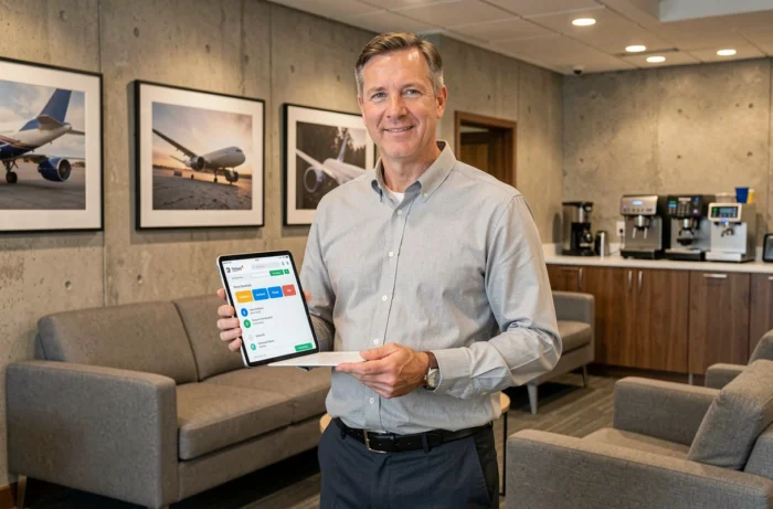 Employé Air France consultant les avantages salariés sur une tablette dans l'espace détente du siège social
