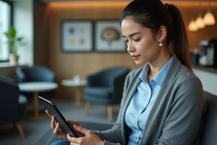 Employée Air France consultant les outils essentiels de l'intranet IPN depuis une tablette en salle de pause