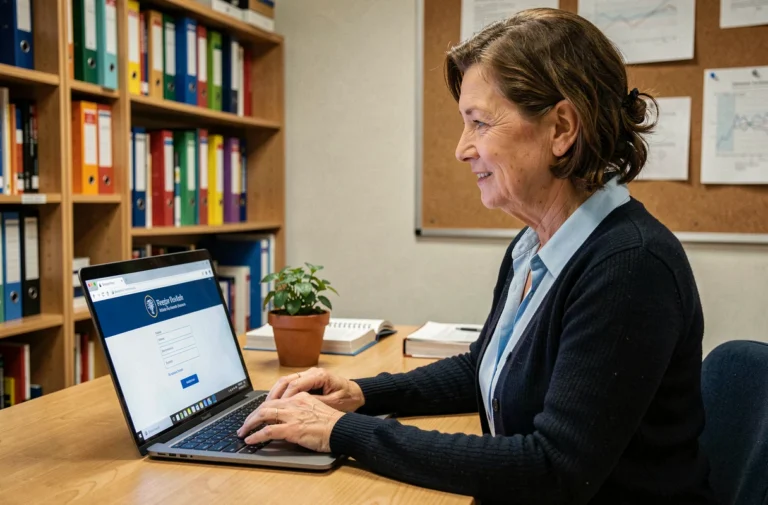 Enseignante de l'académie de Montpellier accédant au webmail Convergence sur son ordinateur portable dans un bureau scolaire