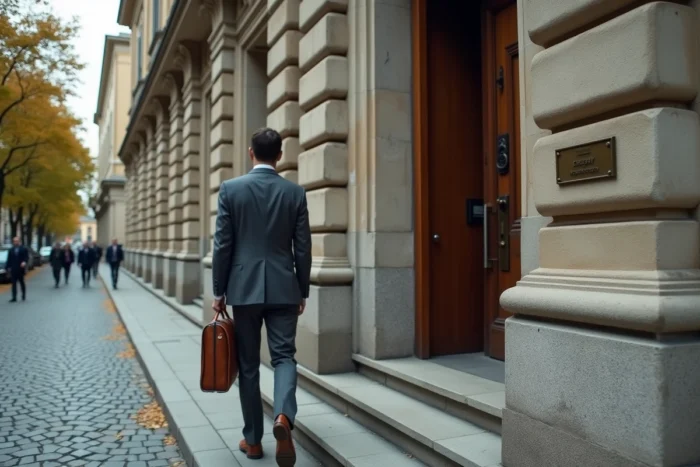 Homme en costume devant l'entrée d'un bâtiment diplomatique français à Belgrade en Serbie