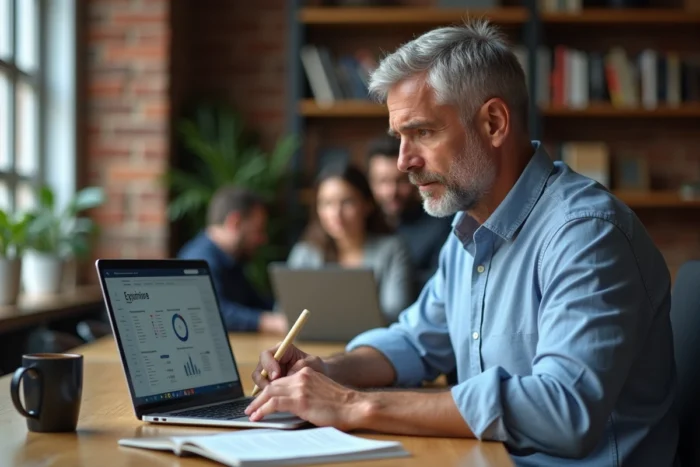 Entrepreneur B2B concentré sur la gestion de son pipeline CRM dans un espace de coworking