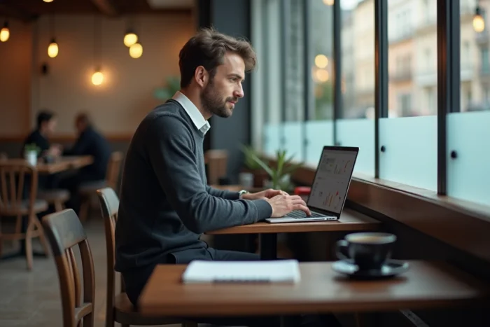 Entrepreneur concentré planifiant le développement de son entreprise sur un ordinateur portable dans un café urbain moderne
