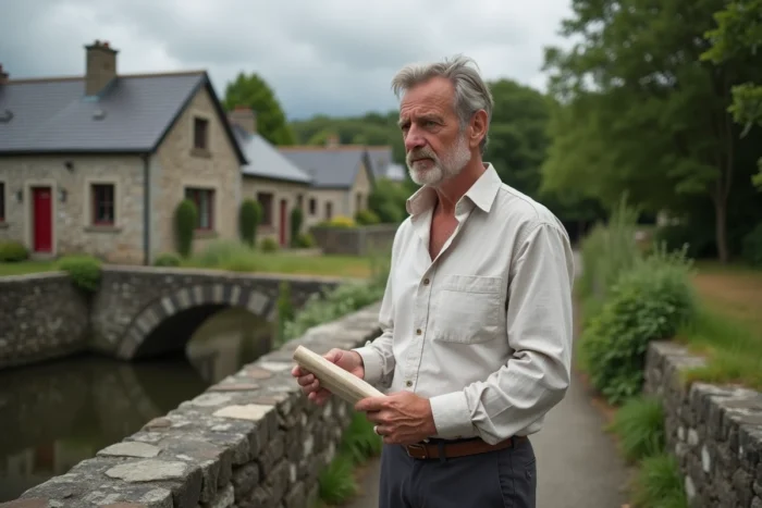 Entrepreneur en repérage devant une maison éclusière bretonne à vendre pour un projet de tourisme rural