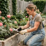 Femme qui taille des rosiers dans un jardin entretenu avec des outils de jardinage professionnels