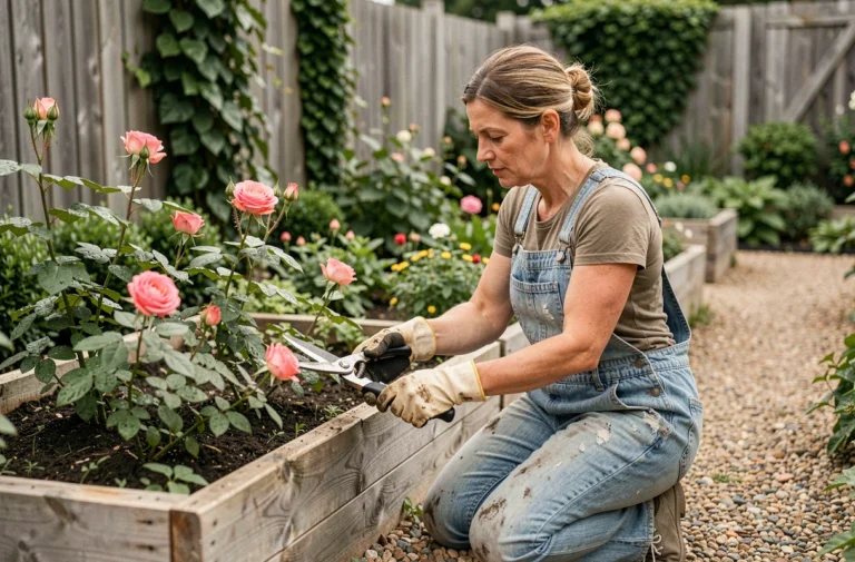 Femme qui taille des rosiers dans un jardin entretenu avec des outils de jardinage professionnels