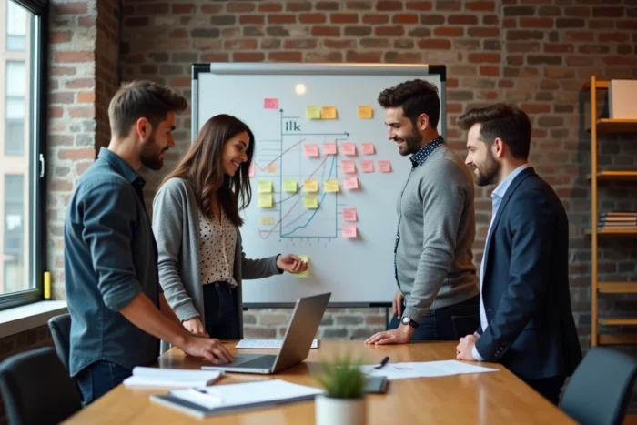 Équipe de professionnels collaborant autour d'un tableau stratégique dans un espace de travail moderne pour faire croître leur entreprise