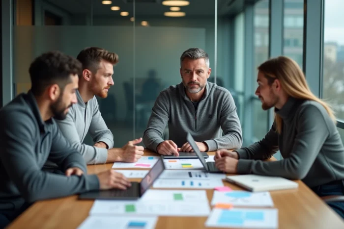 Équipe de professionnels collaborant autour d'une table sur une stratégie digitale avec tablettes et documents