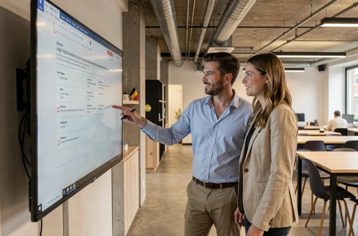 Deux collègues belges discutant des exigences légales et obligations d'un site web professionnel dans un espace de coworking moderne