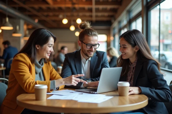 Équipe de jeunes entrepreneurs collaborant autour d'un ordinateur portable dans un café urbain pour développer leur business