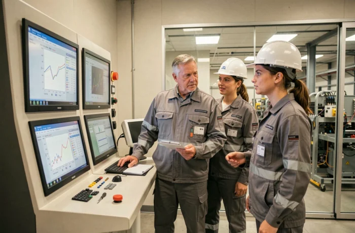Deux professionnels de la maintenance industrielle analysant des données en temps réel sur un panneau de contrôle numérique en salle de supervision