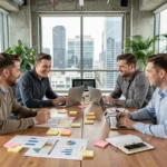 Équipe de professionnels collaborant autour d'une table de réunion dans un bureau moderne pour planifier un projet de management